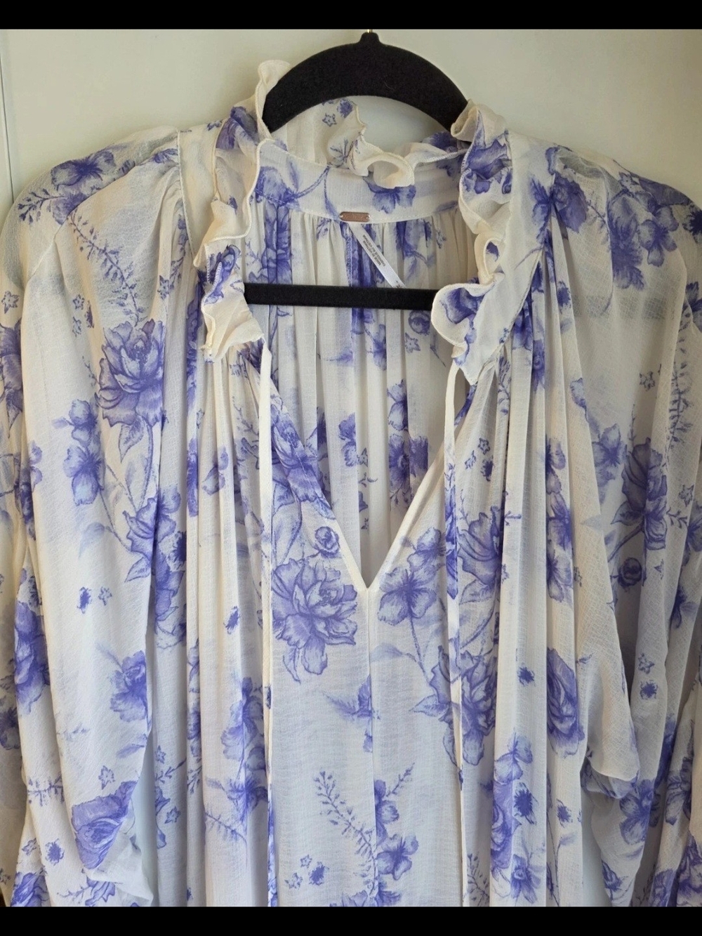 Free People Cream Blouse with Blue Floral Ruffle V-Neck
